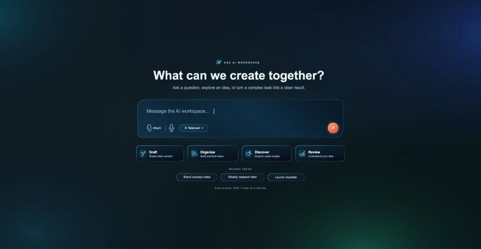 Dark AI chat start screen with message input field, attach and voice icons, action cards and prompt suggestions on gradient background for assistant app design. Vector UI, UX, vector graphic
