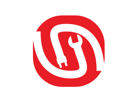 A modern logo concept featuring a wrench and electrical plug integrated into a continuous circular design. Represents versatility in mechanical and electrical services, ideal for branding repair shops