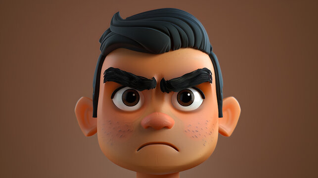 3D stylized character of a grumpy boy with an angry facial expression and thick eyebrows