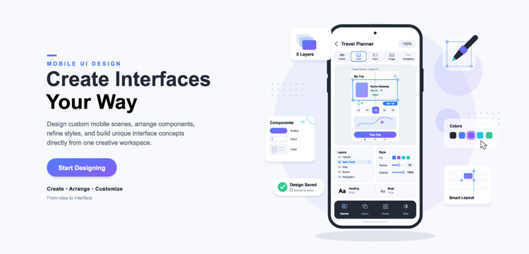 Light landing page hero for mobile design app with phone mockup, layers, components, color and style panels floating around headline and button. Vector dashboard with UI, UX, vector graphic