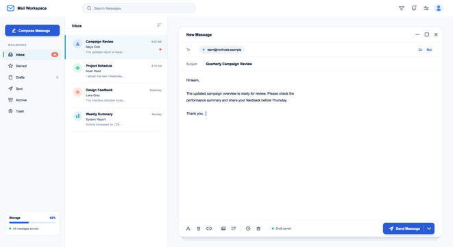 Email workspace interface with sidebar folders, inbox message list and new message compose window with toolbar and send button on light background. Vector dashboard with UI, UX, vector set