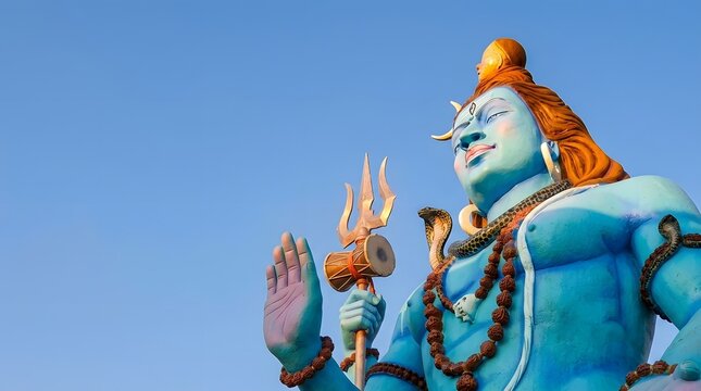 Large blue deity statue holding a trident against a clear