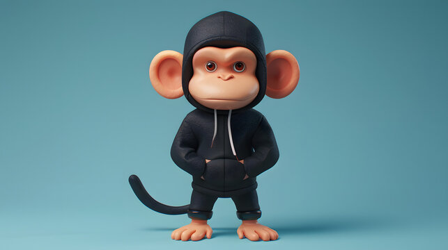 Adorable 3D cartoon monkey character wearing a black urban hoodie and matching streetwear.