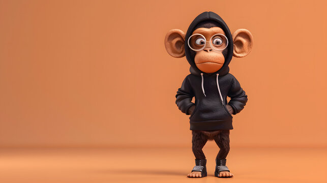 Cool 3D monkey character wearing urban streetwear hoodie and glasses on orange studio background