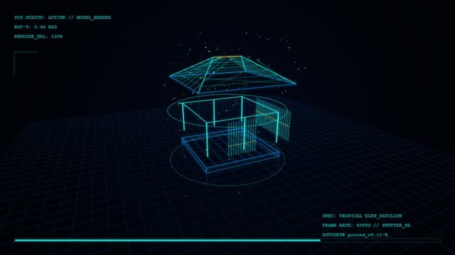 3d wireframe rendering of geometric shapes with exploded view and technical specifications display