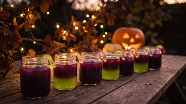 Halloween cocktails in mason jars with gummy worms on a rustic wooden table with a glowing jackolantern and fairy lights