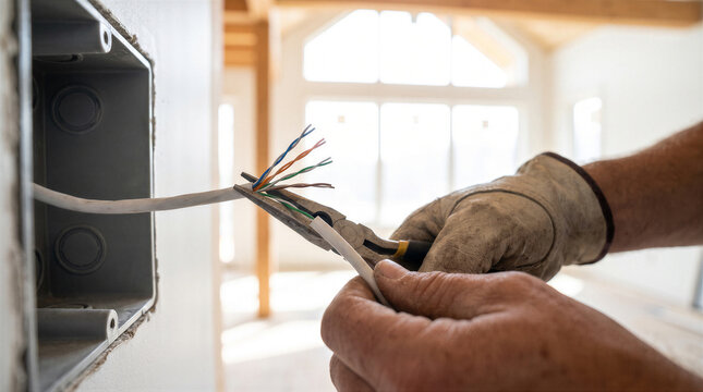 Electrician using pliers to strip insulation from an ethernet network cable during a home construction project