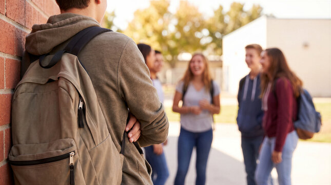 High school student leaning against a brick wall watching a group of friends talking and laughing together on the school campus