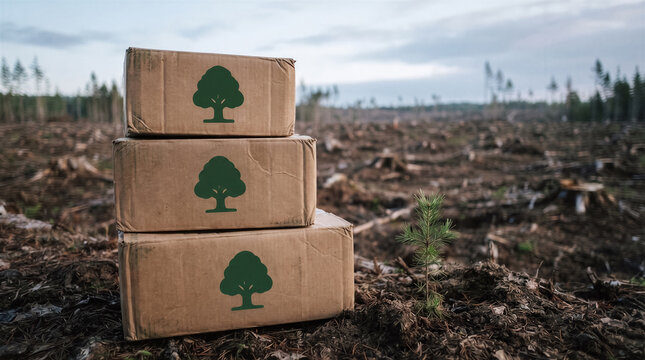 Stack of cardboard boxes with tree icons placed in a deforested area with a small sapling growing in the foreground