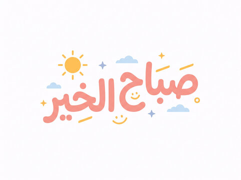 Minimalist pastel Arabic typography illustration of Sabah Al Khair (Good Morning) with a cute smiling sun, stars, and clouds on clean background for daily greetings.