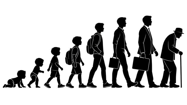 Human Life Stages Evolution from Baby to Elderly, Black Silhouette Illustration
