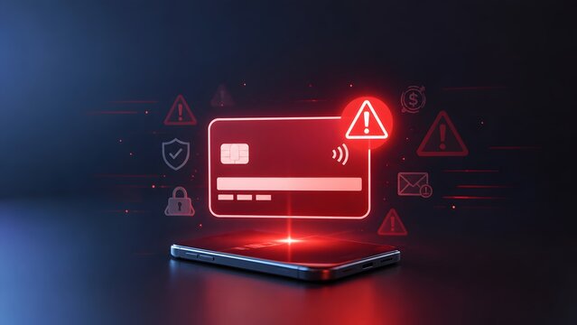 Red alert warning on a digital credit card hovering over a mobile phone showing failed transaction and payment security risk