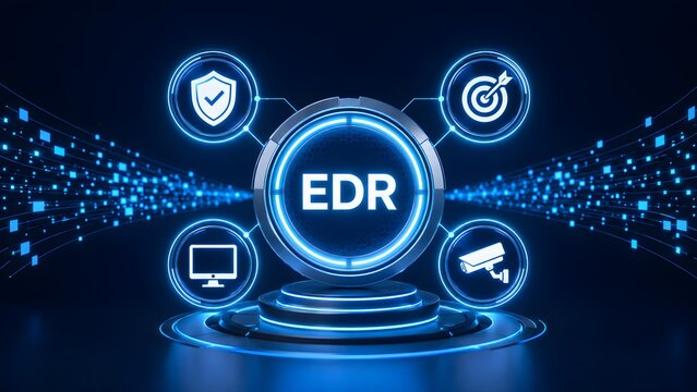 Futuristic Endpoint Detection and Response EDR Concept with Glowing Blue Button Security Icons and Digital Data Stream