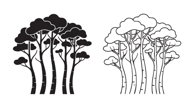 aspen trees grove vector icon set, black and white