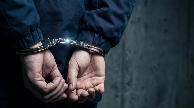 Close up of hands in metal handcuffs, criminal arrest and law enforcement concept.