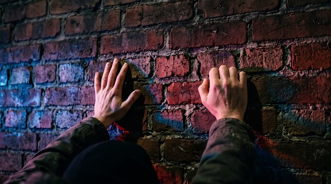 Person with hands raised against a dark red brick wall in a dramatic arrest scene