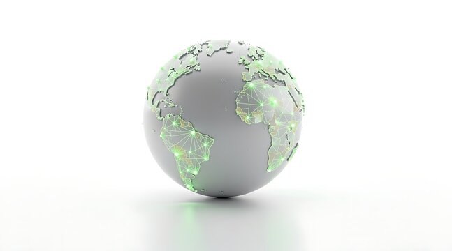 3D render of a stylized planet Earth globe with green glowing network connections on a white background.