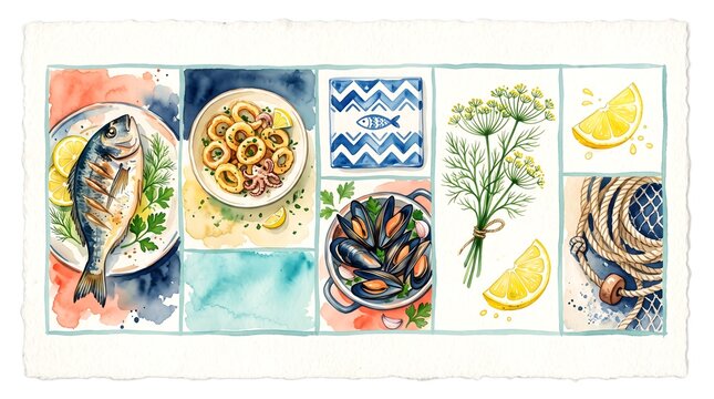 Watercolor seafood collage with grilled fish, calamari, mussels, herbs and lemon slices.