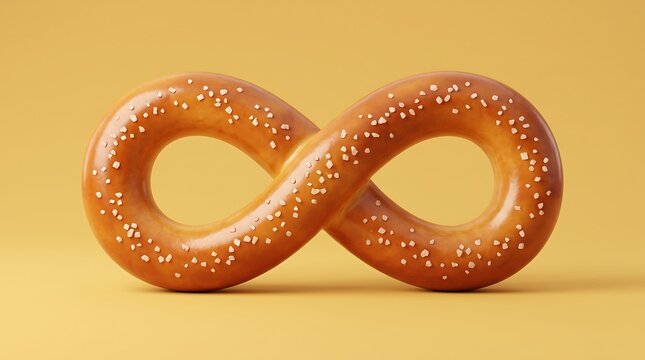 Soft pretzel shaped like an infinity symbol on a solid yellow background.