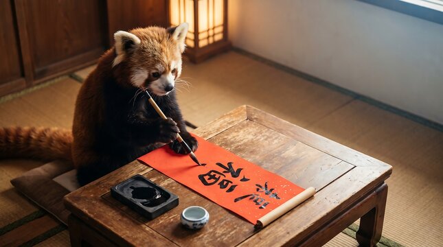 Red panda writing Chinese calligraphy on red paper at a traditional wooden table