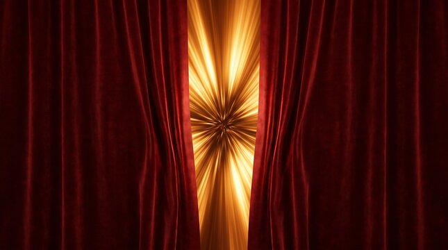 Red velvet stage curtains opening to reveal a bright golden light burst background