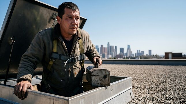 Construction worker emerging from roof hatch with city skyline in background