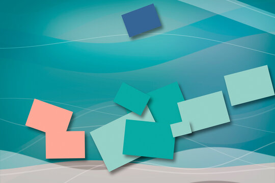 Colorful square notes float above a teal abstract plane with subtle grid-like lines, evoking organized creativity for marketing layouts and planning.