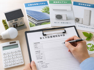Obraz premium 省エネ設備補助金の申請書を記入するイメージ