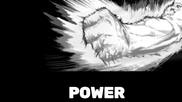 Power punch illustrated in a dynamic black and white comic book style with motion lines.