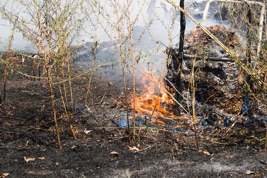 trash pile on fire