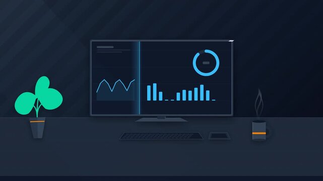 Elegant animated corporate b-roll motion graphic featuring a modern executive desk setup with an ultrawide monitor, streaming analytics UI, steaming coffee mug, and desk plant. High quality 8-second 4