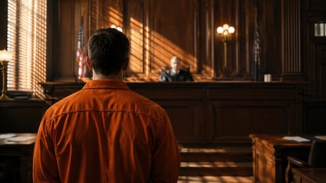 Male Defendant in Orange Prison Uniform Facing Judge in American Courtroom Hearing