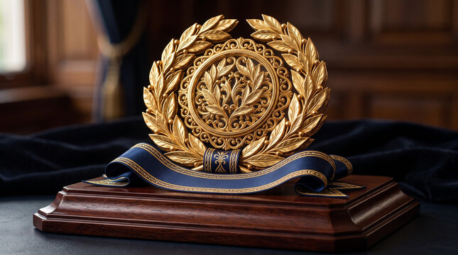 Golden laurel wreath award trophy with intricate filigree emblem and blue ribbon on wooden base for achievement and recognition