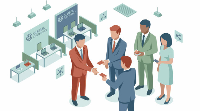Isometric business networking event people shaking hands exchanging cards booth corporate partnership collaboration meeting success