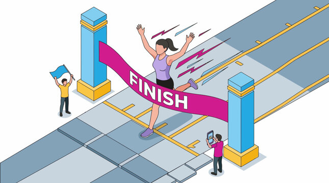 Female athlete runner crossing finish line ribbon victory marathon race competition winner track success goal achievement