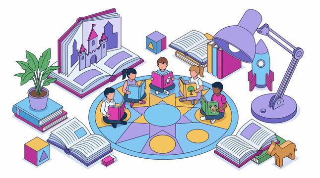 Kids read books on rug with pop up story book world fun art and toys