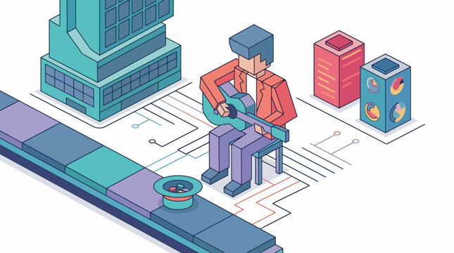 Isometric man play guitar city busker tech art flat vector music urban digital sound life cool