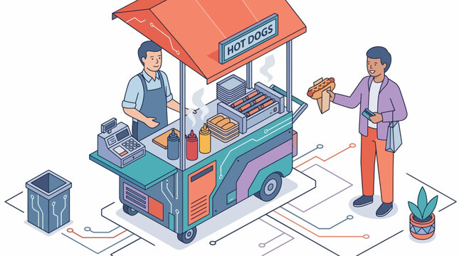 Modern hot dog cart vendor serving a hungry customer at a street food stand illustration