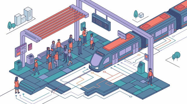 Modern isometric subway station platform with commuters waiting for train and city urban public transportation