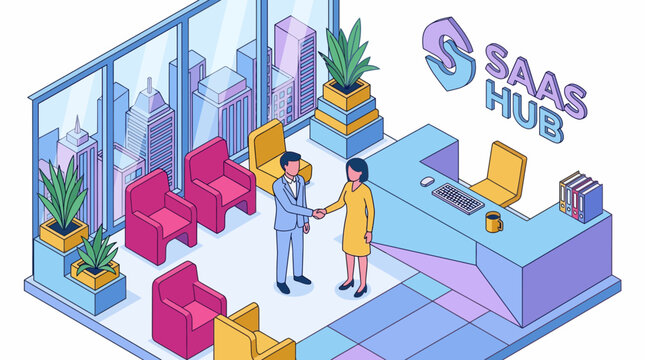 Successful Business Partnership Meeting Handshake Office Corporate Deal Agreement SaaS Hub Company Team Growth Isometric
