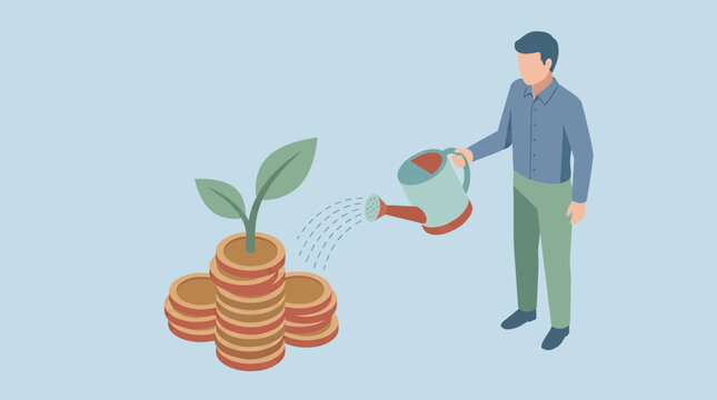 Man water plant grow gold coin stack for finance profit success invest money wealth savings