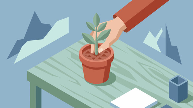 Sustainable Gardening Hobby Hand Planting Small Green Plant In Pot Table Illustration Vector Design Growth