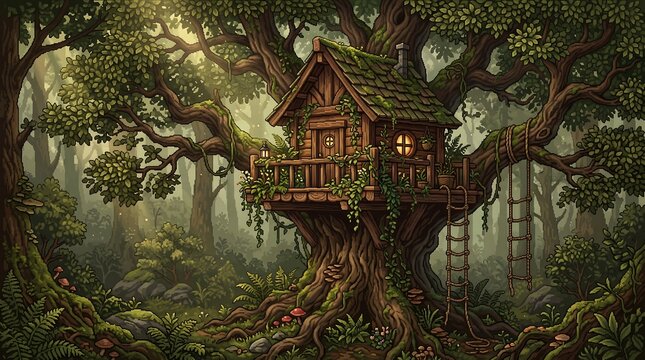 Cozy wooden treehouse built in an ancient oak tree within a lush green forest landscape.