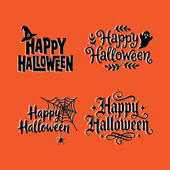 Obraz premium Four cheerful happy halloween typographic designs featuring witch hats spooky spiders and elegant decorative swirls