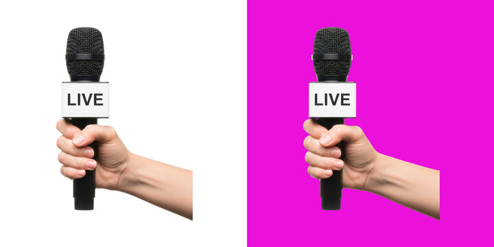 Hand holding professional black reporter microphone with live sign for news broadcast transparent png