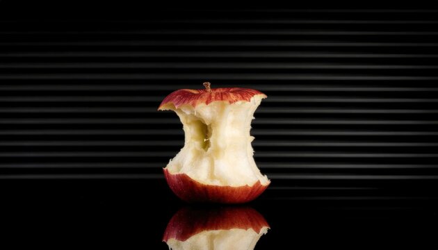Bitten red apple core on reflective black background.