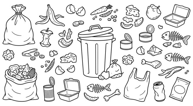 Garbage items line art set with food waste and debris.