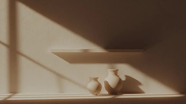 Minimalist still life featuring two ceramic vases on a floating shelf bathed in warm sunlight creating a serene and modern aesthetic for home decor concepts