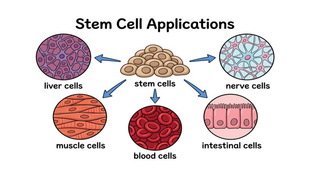 Stem cell applications medical diagram showing cellular differentiation. Liver cells, nerve cells, muscle cells, blood cells, intestinal cells.