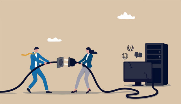 Disconnected to business, broken communication, 404 or disconnect from social media distraction monitor screen, young man and young adult woman pull electric socket plug disconnect from internet 